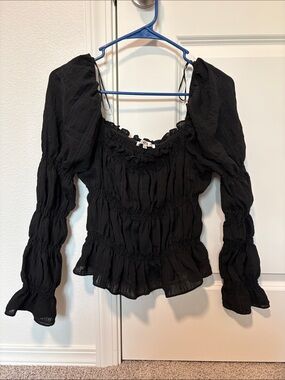 Smocked Black Peasant Blouse with Puff Sleeves